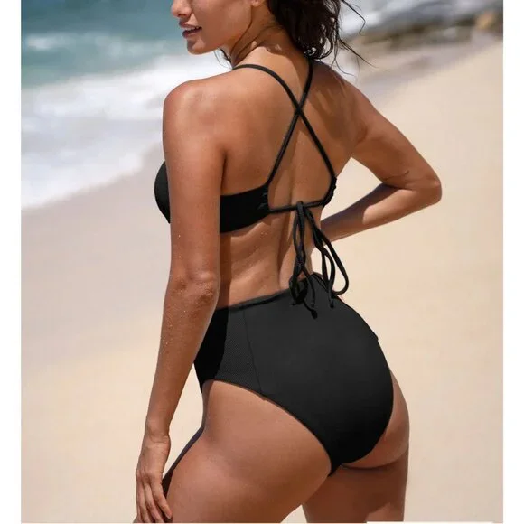 Berlook Black Two Piece Swimsuit Bikini Size Large Moderate Bottoms NEW W Bag